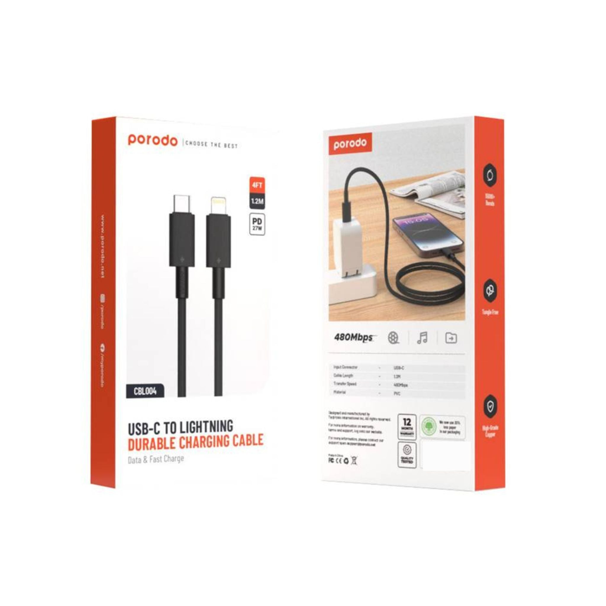 Porodo USB-C to Lightning PVC Cable, 480Mbps Transfer Speed, PD 27W, More than 15000 Bends Life Span, 1.2m Cable Length, Tangle Free - Black
