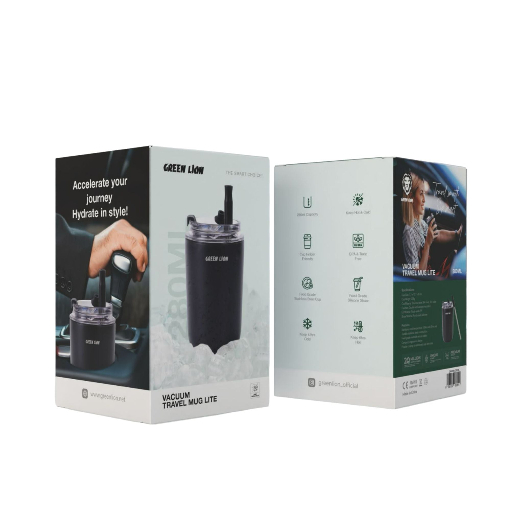 Green Lion Vacuum Travel Mug Lite, 280 mL Capacity, Keeping Hot for 6 Hours and Cold for 12 Hours, Food Grade Silicone Straw, Food Grade Stainless Steel Cup - Black