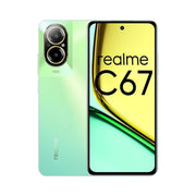 Realme C67 4G Dual SIM smartphone in green color with dual camera setup on the back.