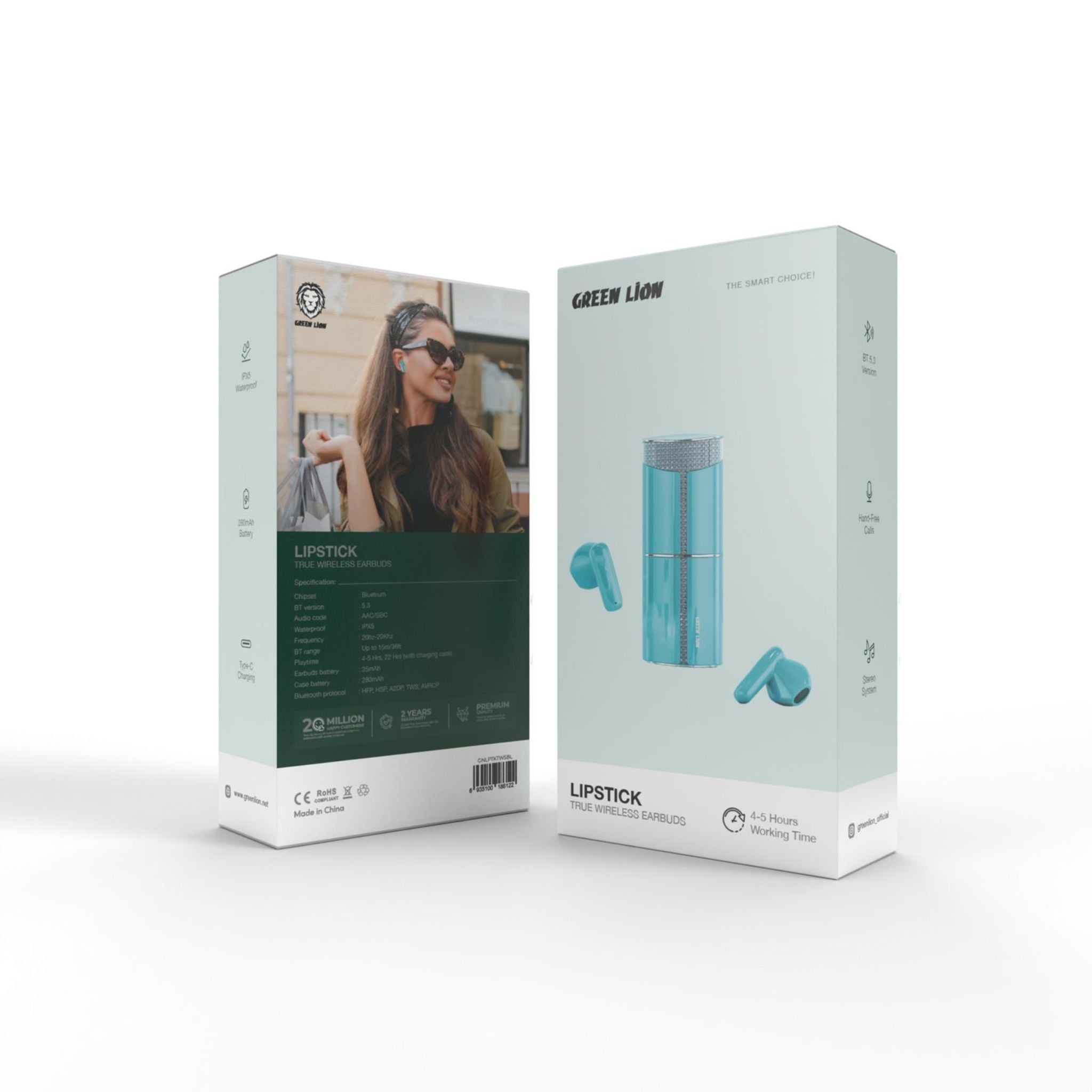 Green Lion Lipstick True Wireless Earbuds, 4-5 Hours Playtime, 280 mAh Case Battery, Up to 15 m Bluetooth Range, BT Version 5.3, Stereo System - Blue