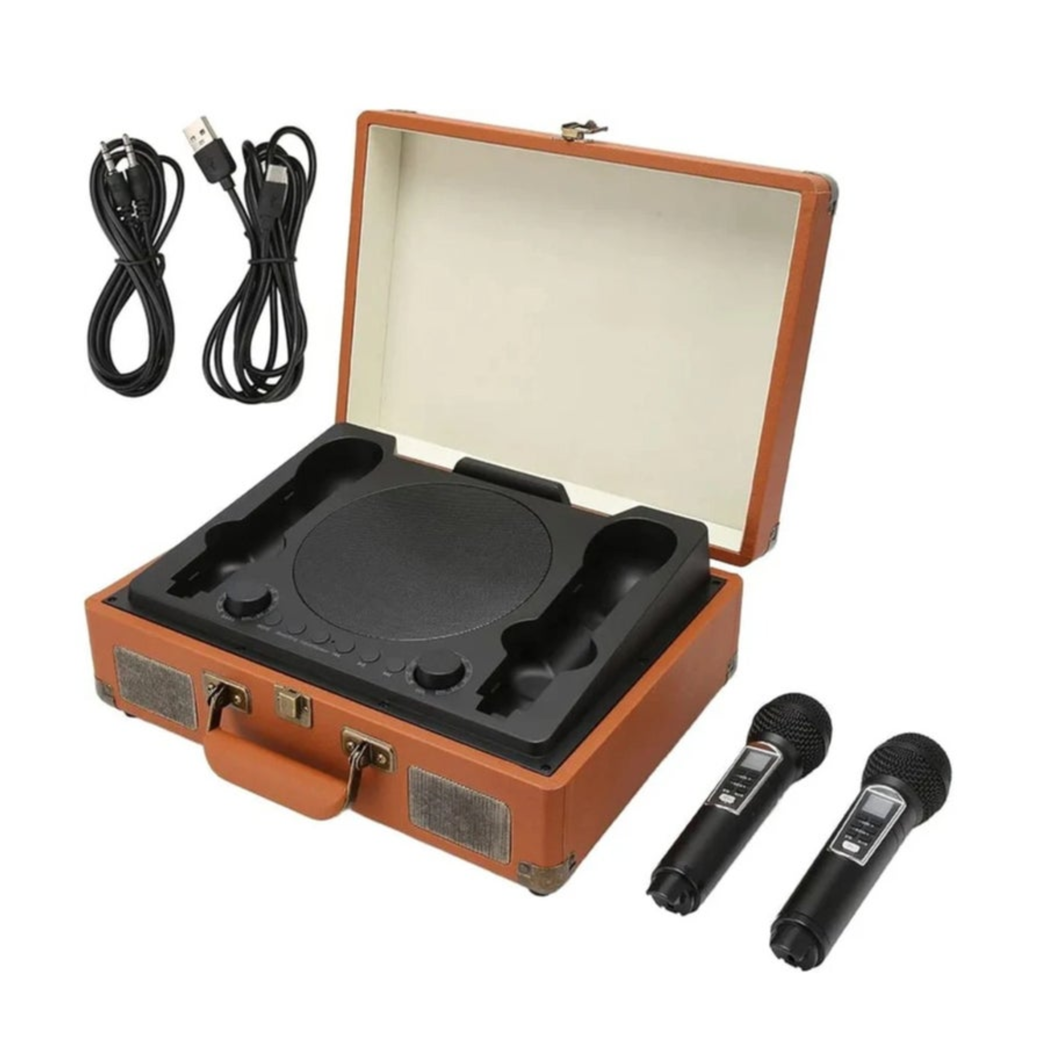 Smartbarry Wireless Party Speaker, Intelligent Noise Cancellation, Full-Range Stereo Karaoke Machine with HiFi Sound, Dual Microphones, Unique Suitcase Design - Brown