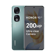 The image shows a green Honor 90 smartphone with a triple-camera setup on the back, prominently displaying a 200 MP Ultra-clear Camera feature.