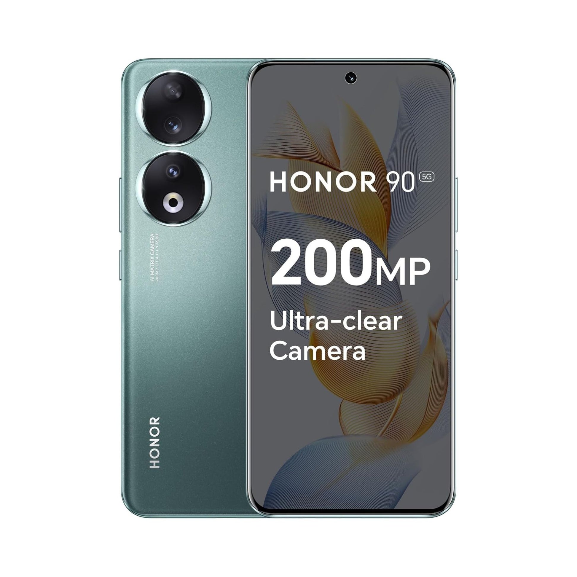 The image shows a green Honor 90 smartphone with a triple-camera setup on the back, prominently displaying a 200 MP Ultra-clear Camera feature.