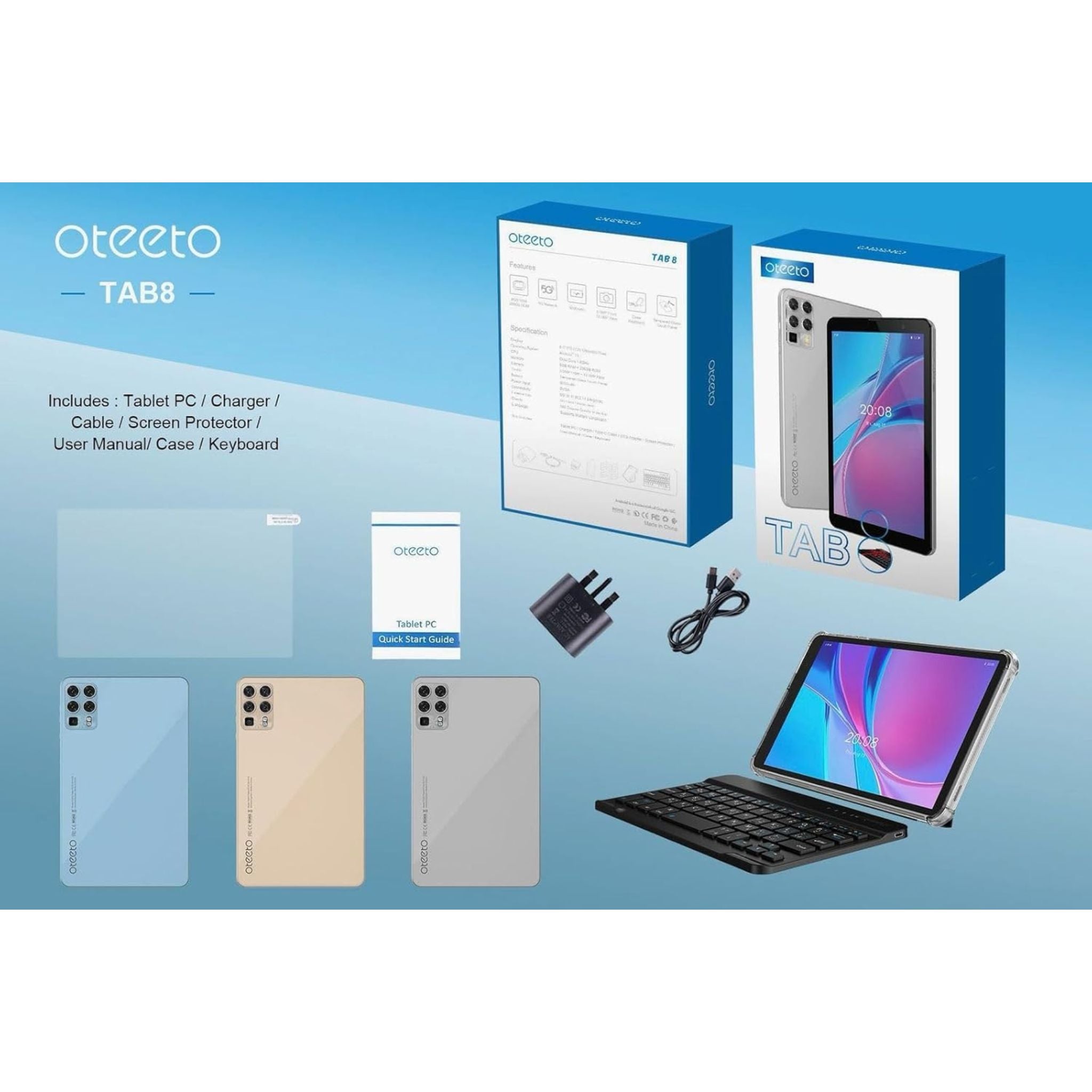 Oteeto Tab 8 Tablet, 8" 1280x800 IPS LCD Display, Octa-Core 1.8GHz Processor, 8GB RAM, 256GB ROM, 5.0MP Front + 13.0MP Rear Camera, 5000mAh, Android 13-Grey