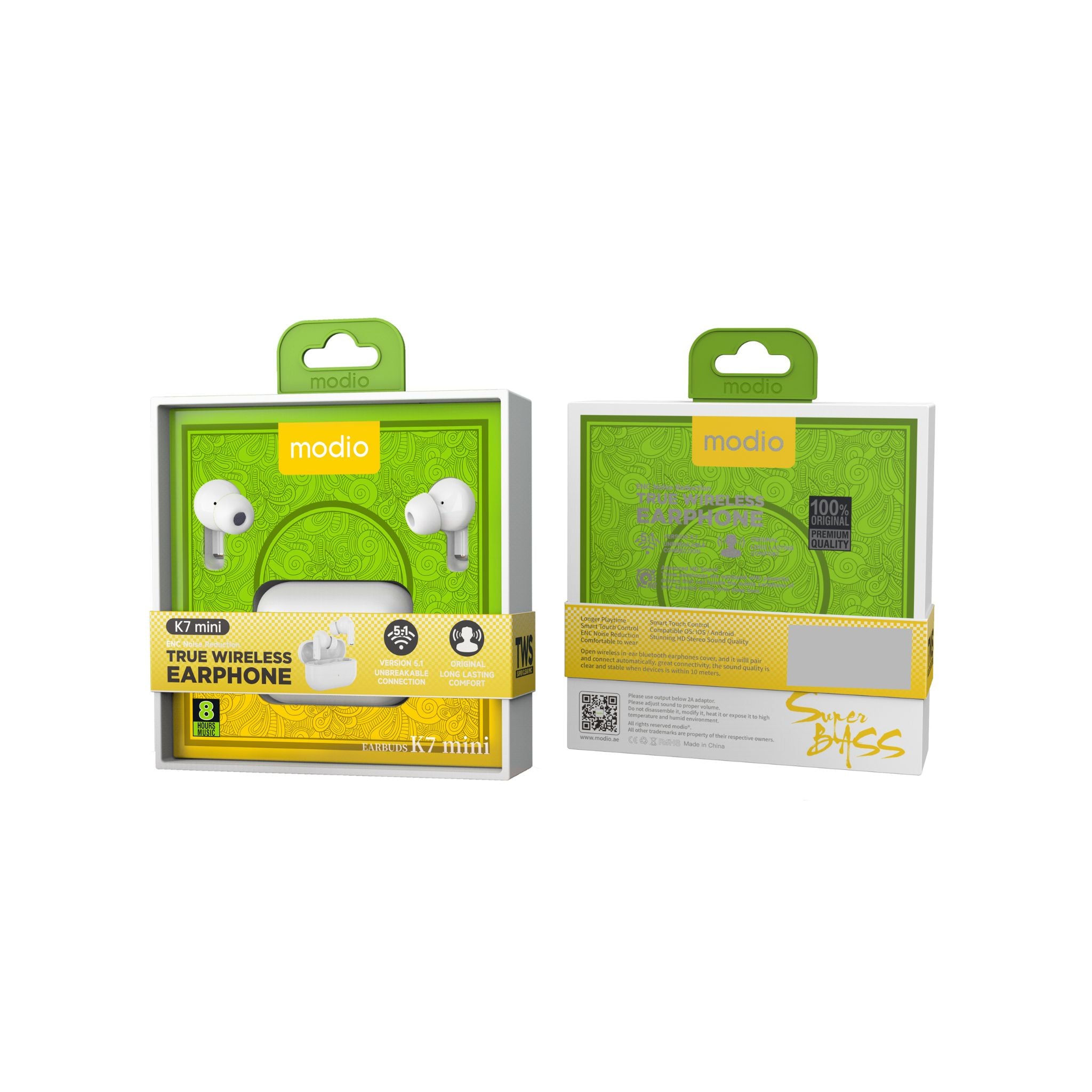 Modio K7 Mini TWS Wireless Bluetooth Headset with Touch Sensor and Charging Case – White