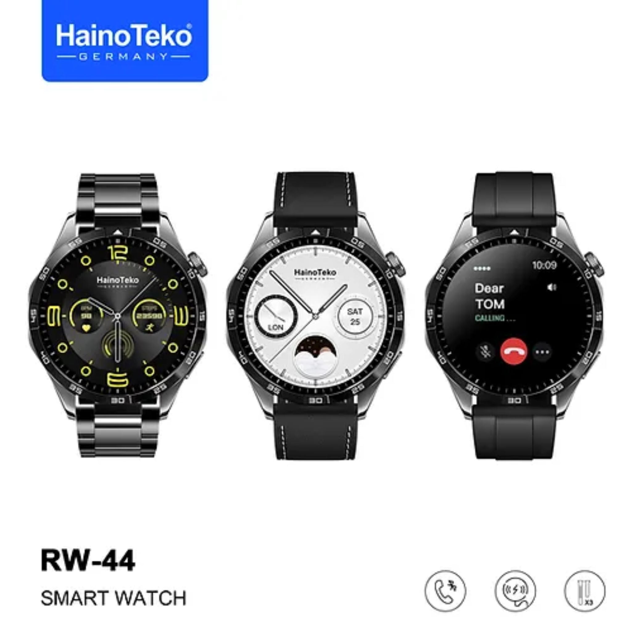 Haino Teko RW44 (GT4) SmartWatch with 3 Bands (Stainless Steel+Leather+Silicone)with AMOLED HD IPS Screen_Black
