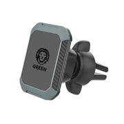 A black Green Lion brand magnetic car phone holder with 360 degree rotation capability, designed to be mounted on a vehicle's air conditioning vent.