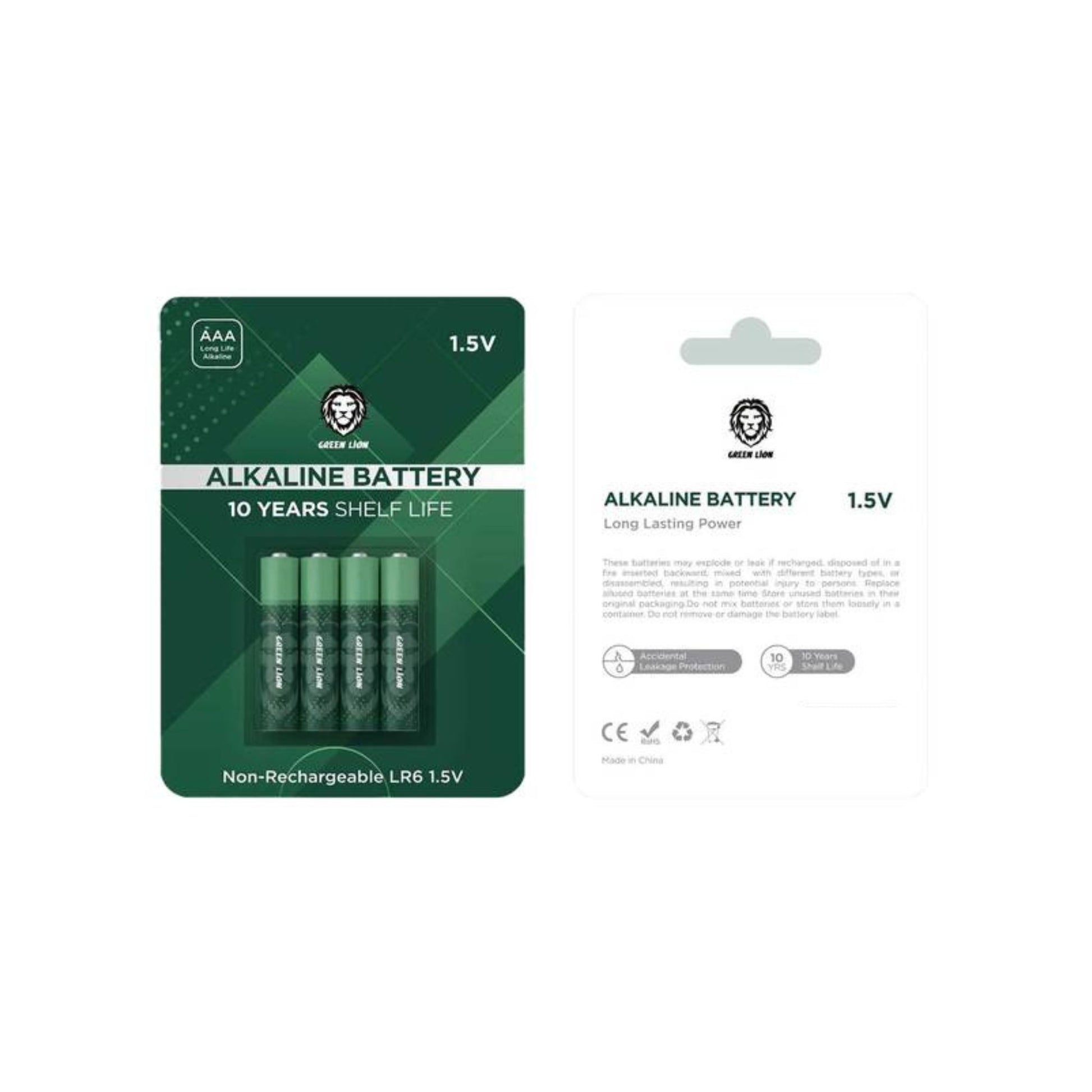 Packaging of Green Lion Alkaline AAA Batteries with a 10-year shelf life label, in a green and white design showing the batteries and product information.