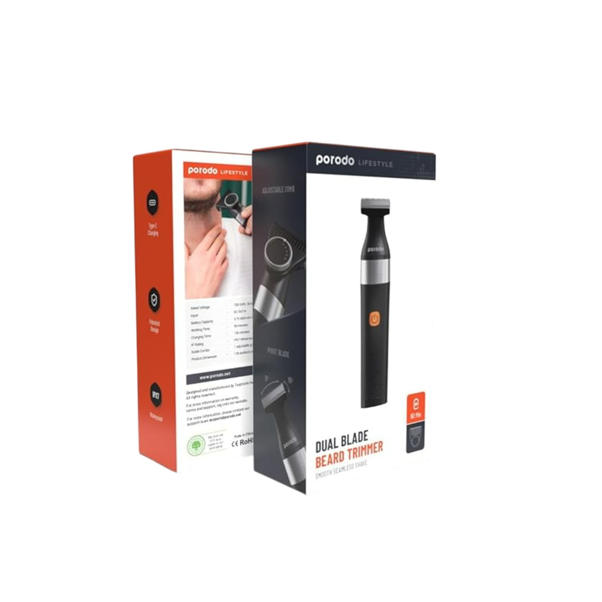 Porodo Lifestyle Dual Blade Beard Trimmer with 600mAh Battery Capacity, 90 Minutes Working Time, 130 Minutes Charging Time, Type-C Charging Port, Adjustable Guide Comb - Black
