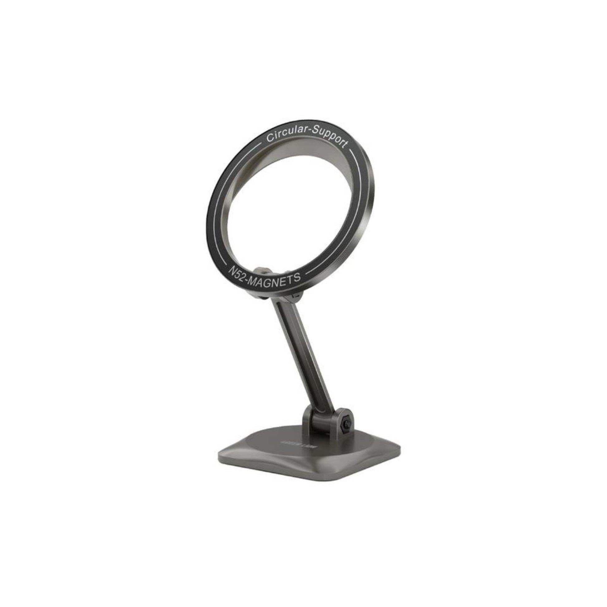 A black foldable MagSafe car holder made of zinc alloy and PC material, with a strong magnet for securing a smartphone, displayed on a stand.