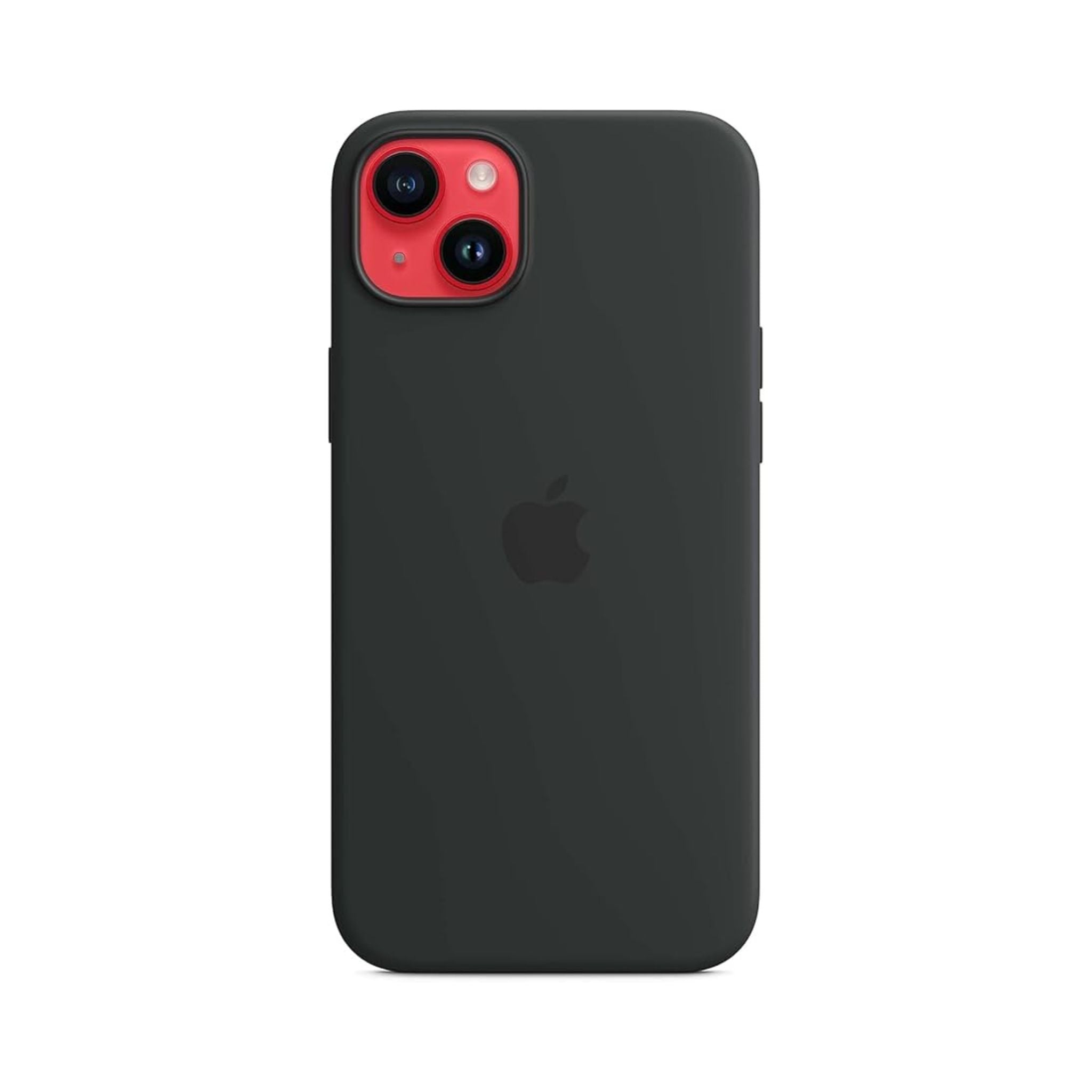  Midnight black silicone case for iPhone 14 Plus with MagSafe compatibility.