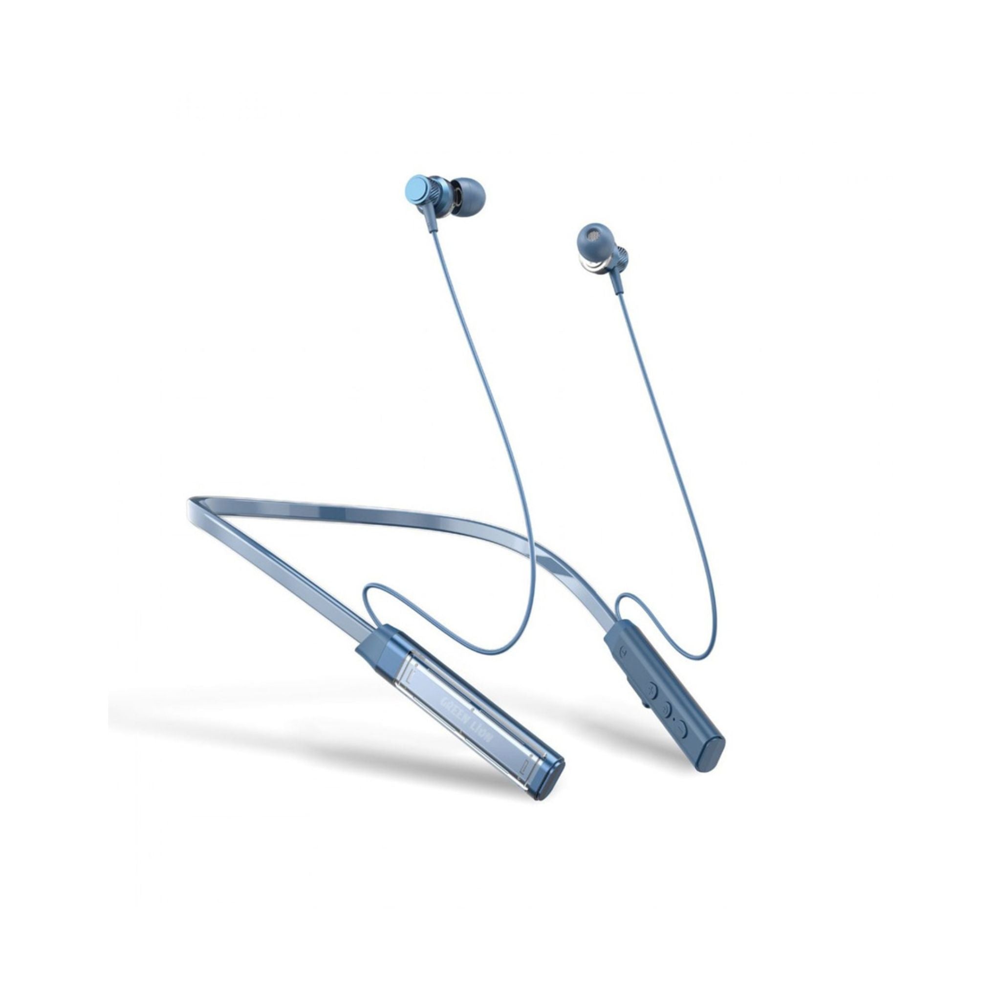 A neckband-style wireless earphone in blue color with two earbuds attached to a charging case.