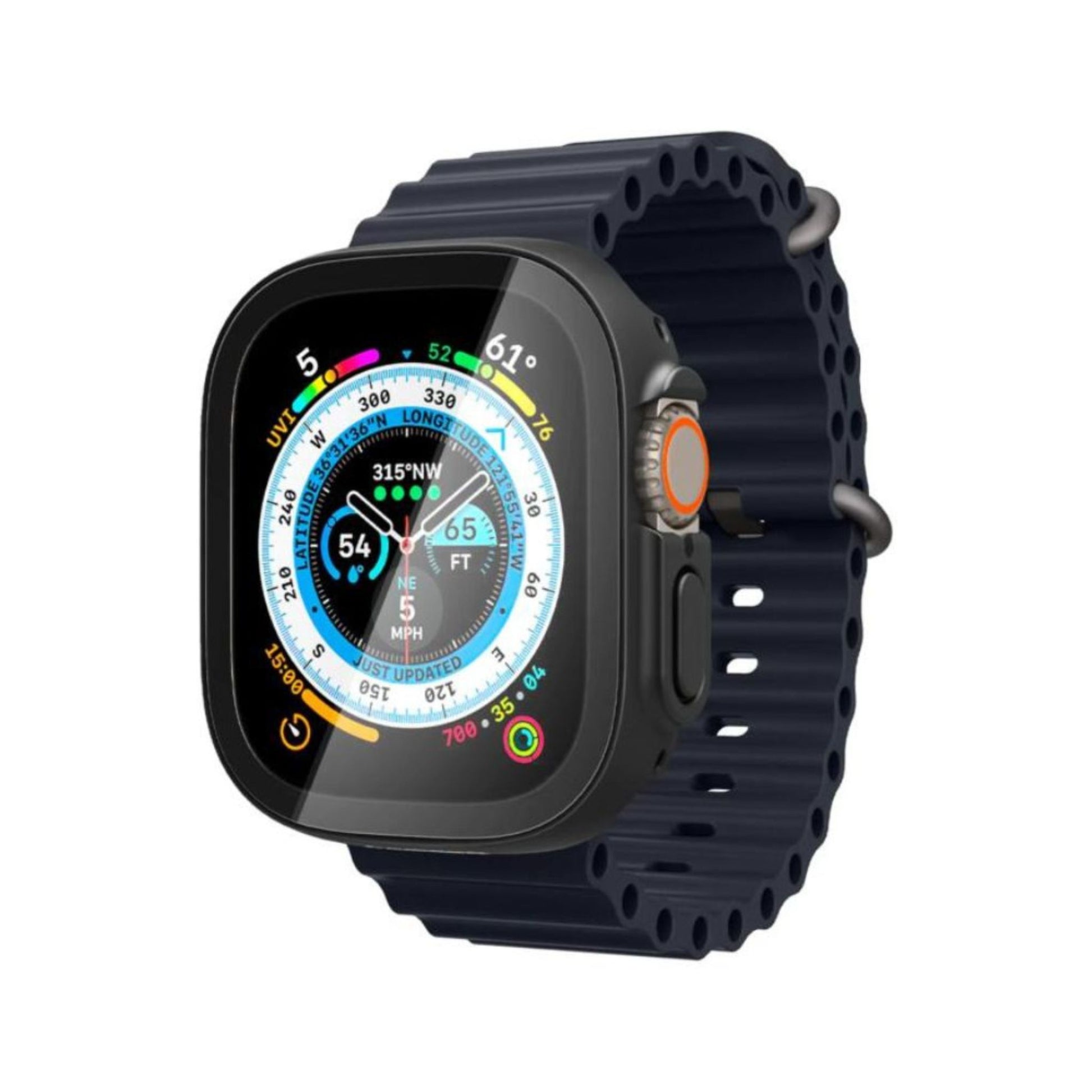 A black smartwatch with a large display and a dark band, showing various watch faces.