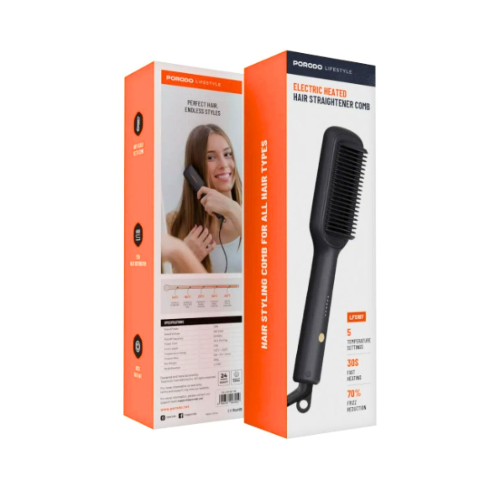 Two packaging boxes for a hair straightening comb on a white background