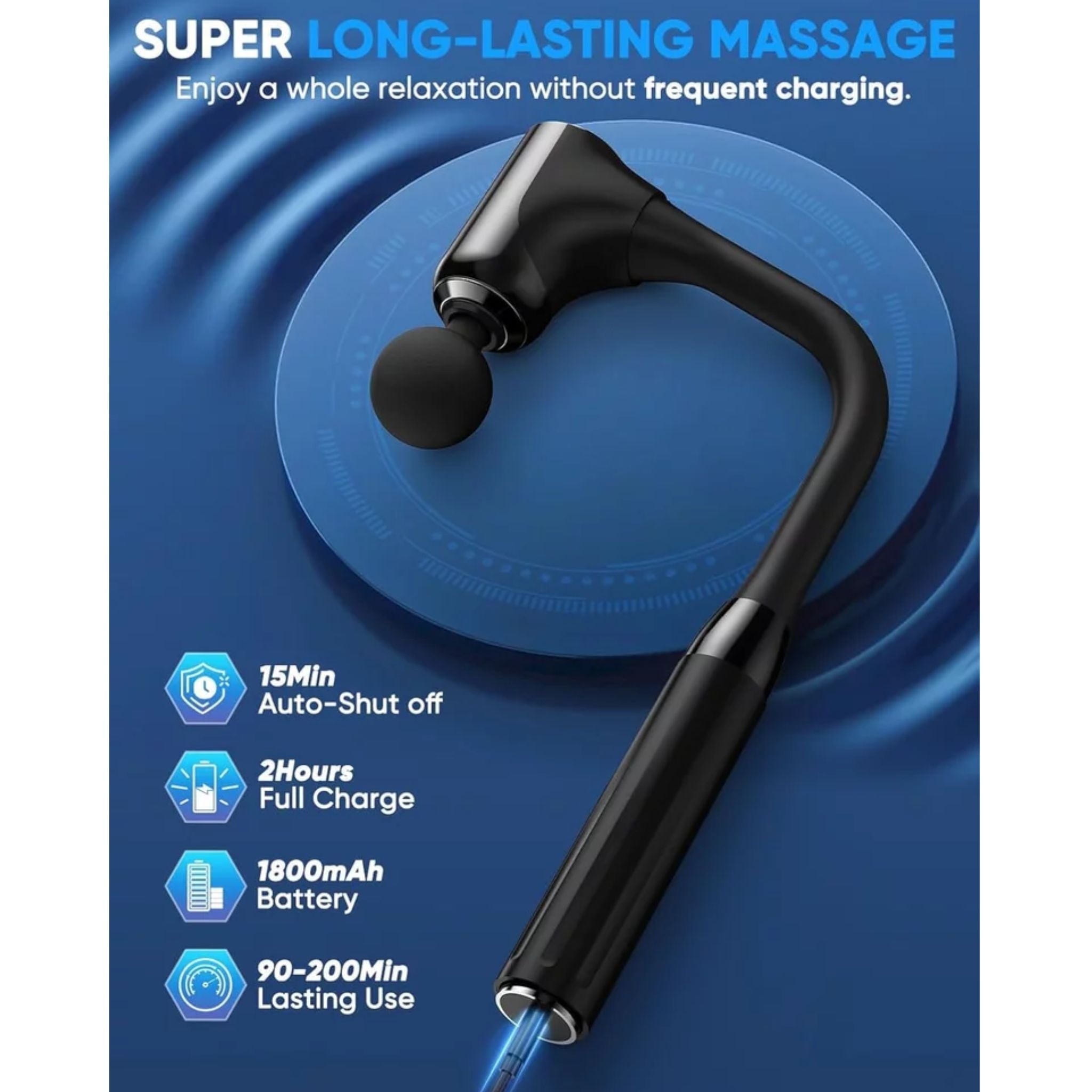 Porodo Lifestyle U-Shaped 4-Head Deep Tissue Massager with 6 Speed Levels, 3 Modes, LCD Display, USB-C Charging, 2000mAh Battery, Ultra-Quiet Ergonomic Design - Black