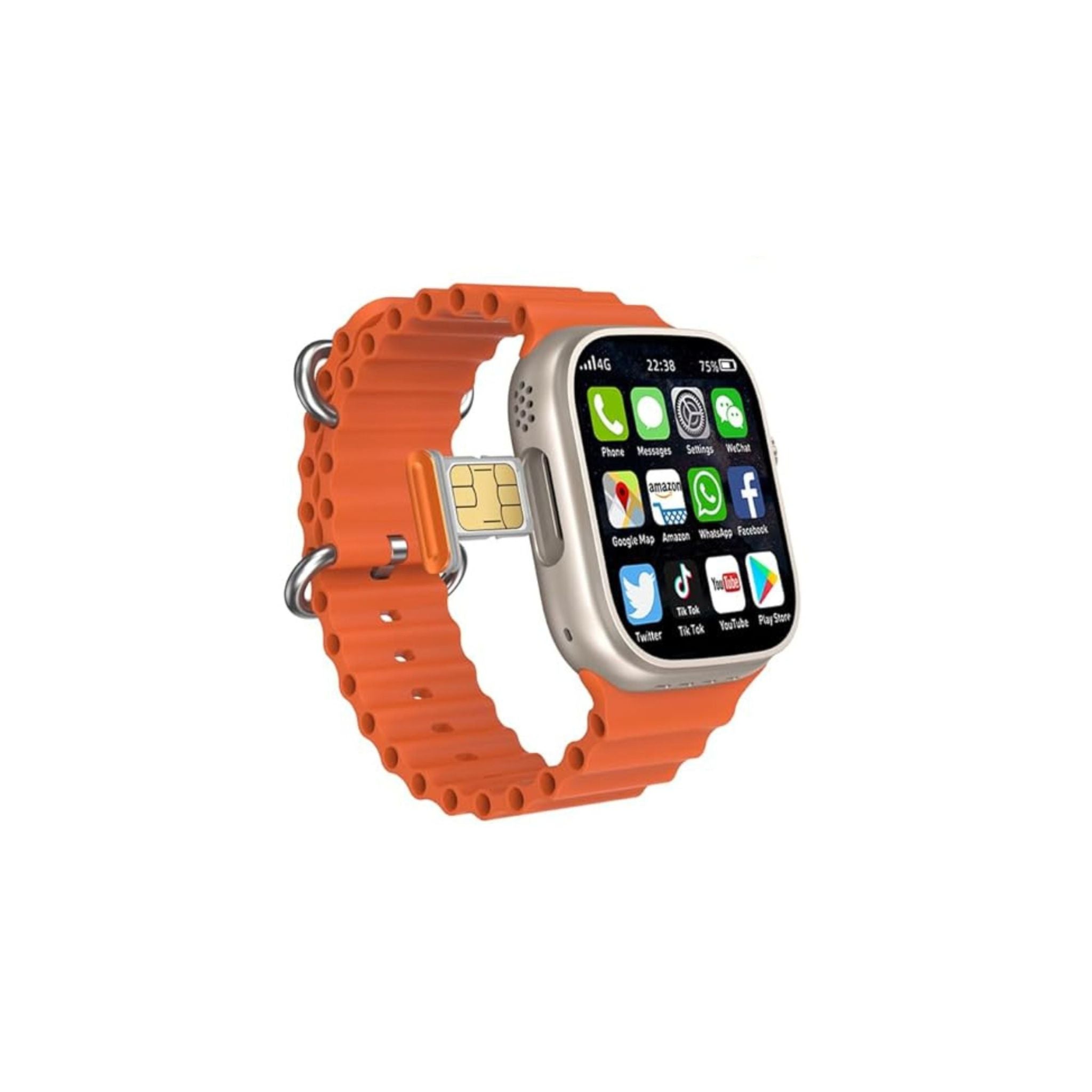 A gold-colored smartwatch with a large screen displaying multiple app icons, secured with a orange silicone strap and a metallic buckle.