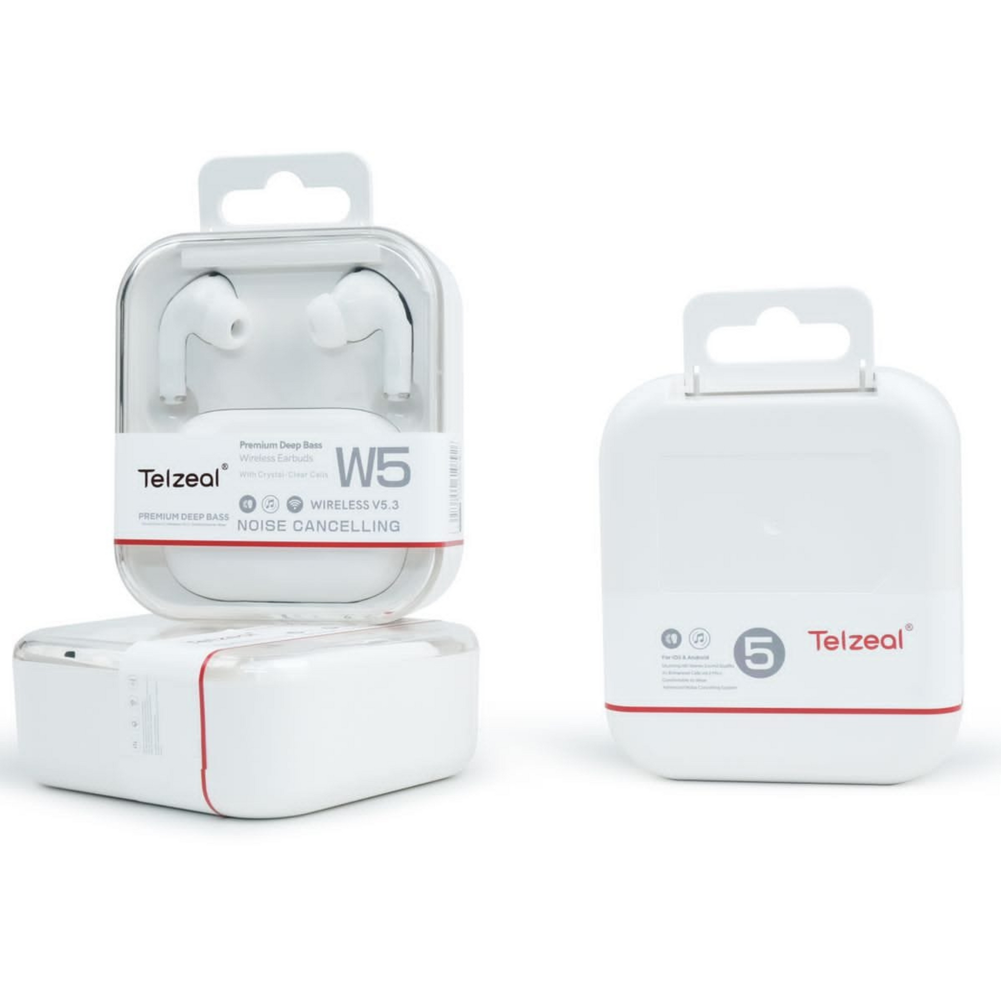 A pair of white Telzeal W5 premium deep bass intelligent noise cancelling headphones displayed in its packaging.