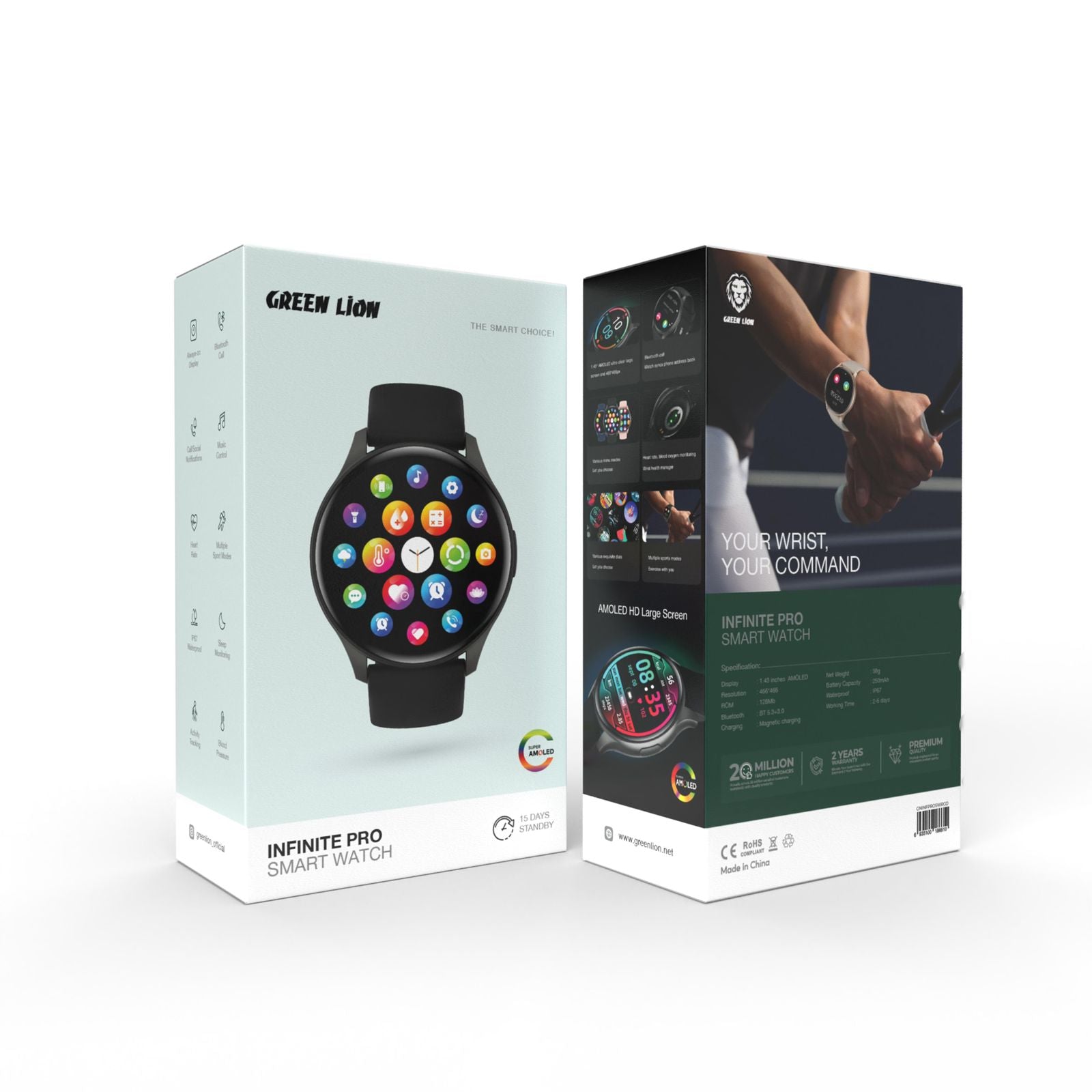 Green Lion Infinite Pro Smart Watch with 2-5 Days Working Time, 250 mAh Battery Capacity, 5.3+3.0 Bluetooth, Activity Tracking, Waterproof, Blood Pressure Monitor - Black
